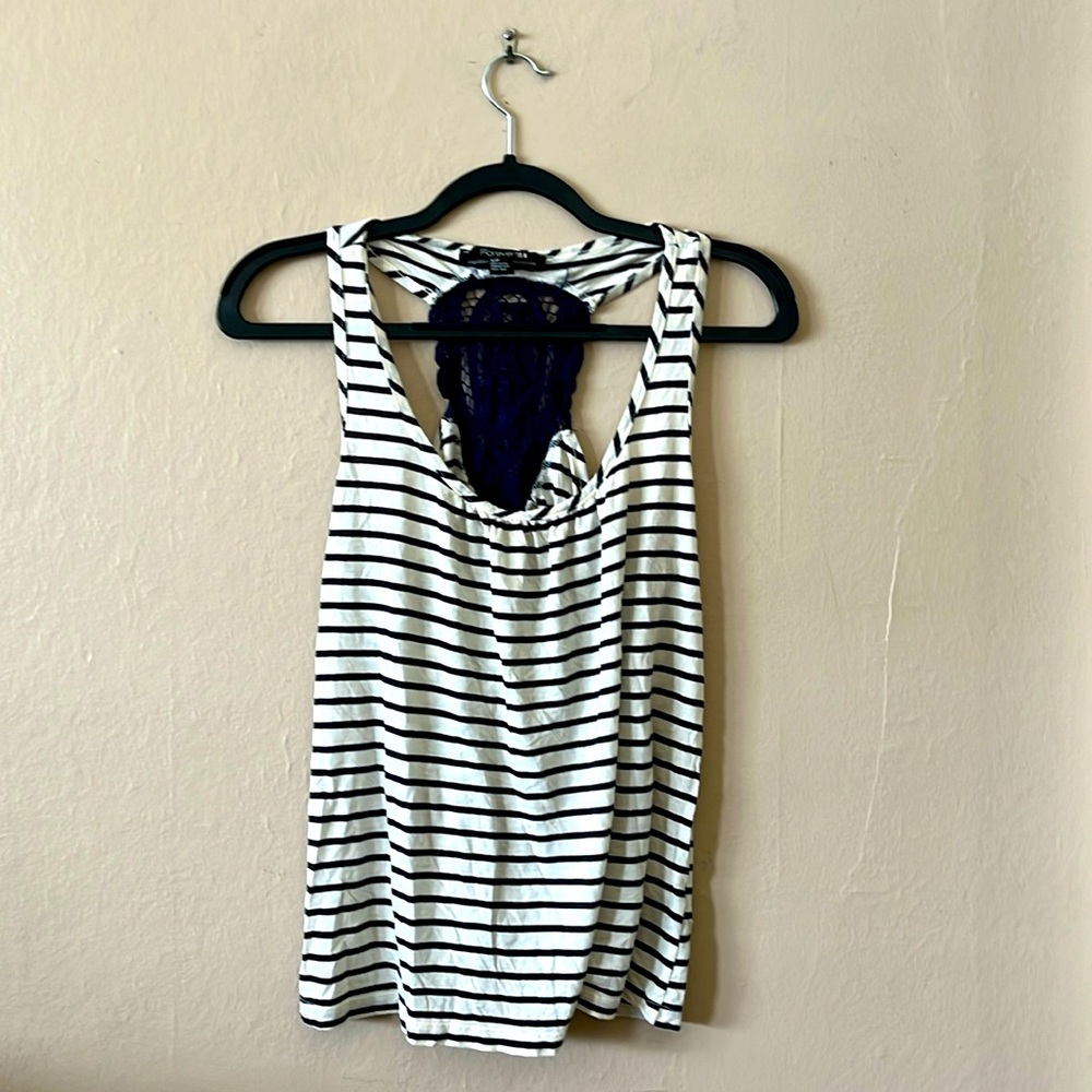 Forever 21 Blue White Striped Racerback Lace Back Tank Top S
